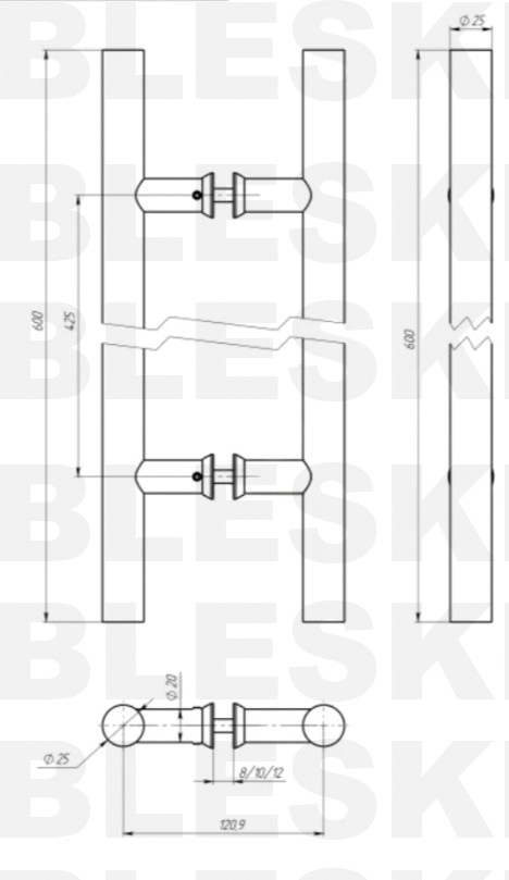 Ручка-скоба 633-600 SSS (25×425×600 мм) для стекла 8-12 мм, нержавеющая сталь