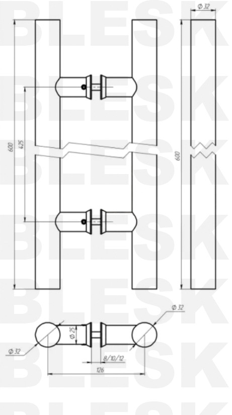 Ручка-скоба 633-600 Gold (32×425×600 мм) для стекла 8-12 мм, под золото